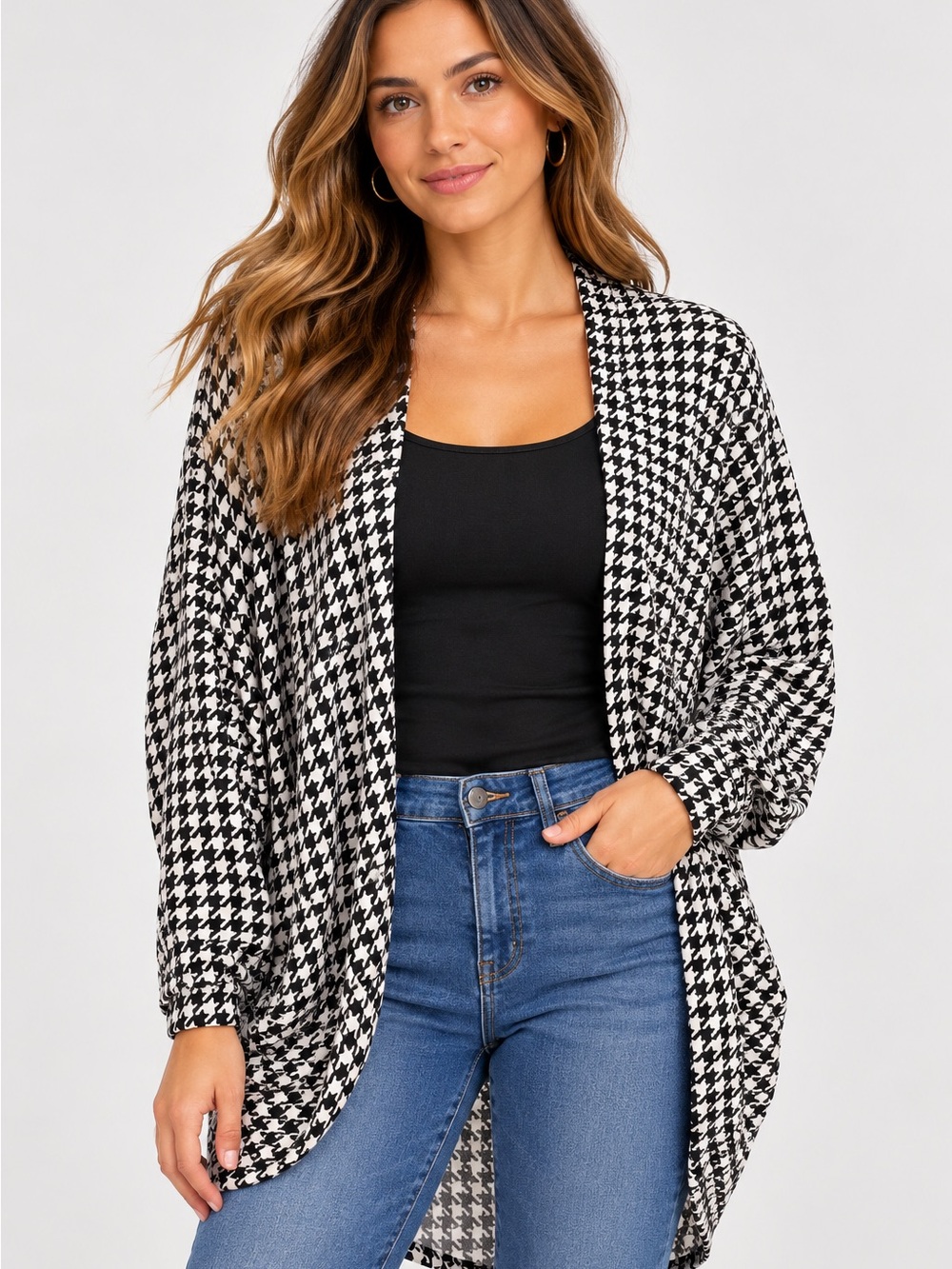 SHEIN Black & White Houndstooth Open-Front Cardigan